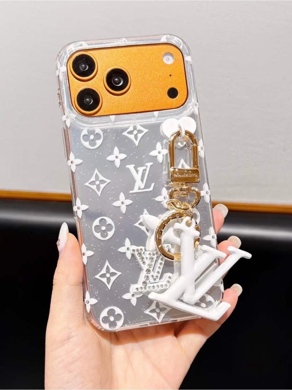 17 pro max Style Phone Case with White Monogram Charm